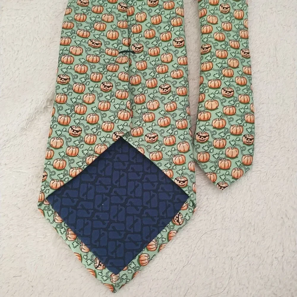 Vineyard Vines Necktie Tie Youth Boy Silk Green Orange Pumpkin Halloween Fall49